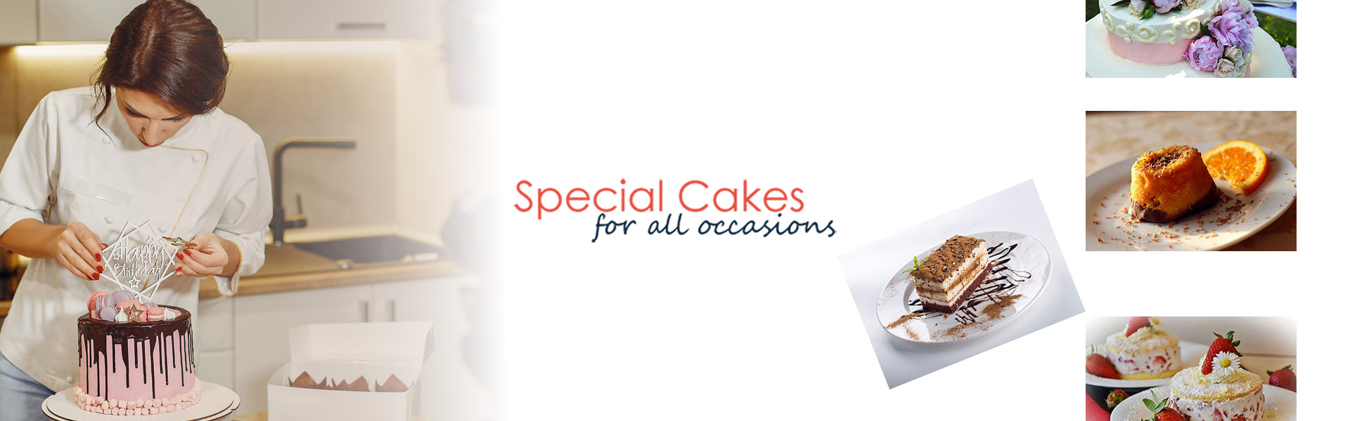 Banner with logo in the middle a person placing a decoration on the left and images of different desserts going down the right side